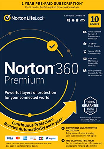 Norton 360 Premium Antivirus Software for 10 Devices with Auto Renewal.