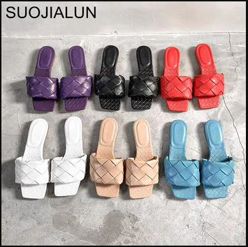 SUOJIALUN Slippers Women Weave Leather Sandals.