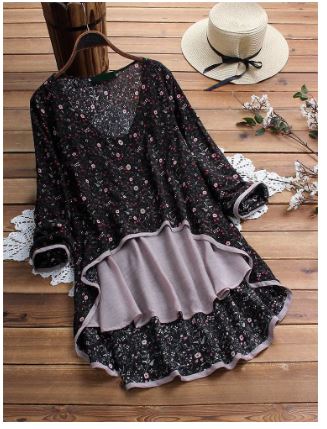 Irregular Floral Print Patchwork Long Sleeve Blouse.